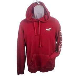 Hollister Men's Red Hoodie Small Logo Sleeve Pullover Sweatshirt